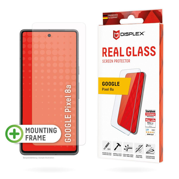 E.V.I. Displex Panzerglas (10H, 2D) für Google Pixel 8a, Eco-Montagerahmen, kratzer-resistent, Google, Pixel 8a, Trockene Anwendung, Staubresistent, Schlagfest, Kratzresistent, Schockresistent, Transparent, 1 Stück(e)