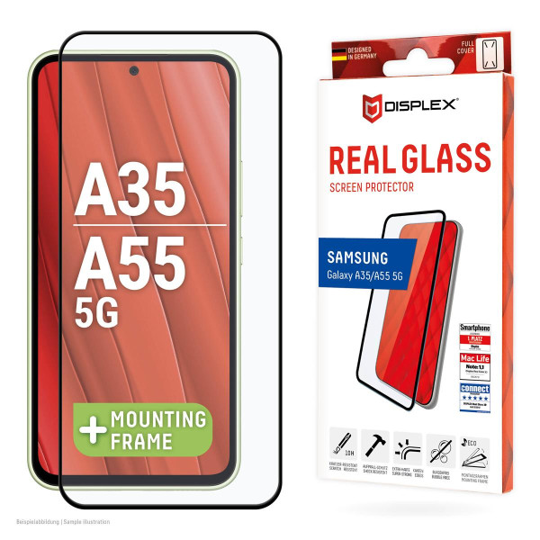 E.V.I. Displex Panzerglas (10H) für Samsung Galaxy A35/A55 5G, Eco-Montagerahmen, Full Cover, Samsung, Galaxy A35/A55 5G, Trockene Anwendung, Schmutzabweisend, Kratzresistent, Schockresistent, Stoßfest, Transparent, 1 Stück(e)