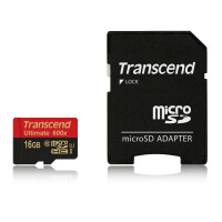 Transcend 16GB microSDHC Class 10 UHS-I (Ultimate), 16 GB, MicroSDHC, Klasse 10, MLC, 90 MB/s, Schwarz, Rot