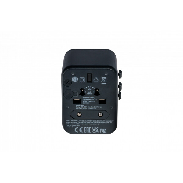 Verbatim 49544, Universal, Universal, Typ A, Typ B, Typ C (Euro-Stecker), Typ E (FR), Typ F, Typ G (VK), Typ I (AU), Typ J (CH), Typ L..., Typ A, Typ B, Typ C, Typ D (VK), Typ E (FR), Typ F, Typ G (VK), Typ H (IL), Typ I (AU), Typ J..., 100 - 250 V, 50 -