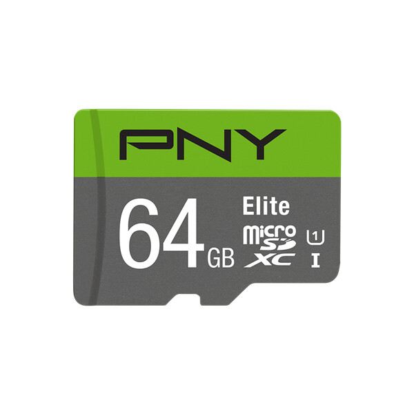 PNY Elite, 64 GB, MicroSDXC, Klasse 10, Class 1 (U1), Grün, Grau