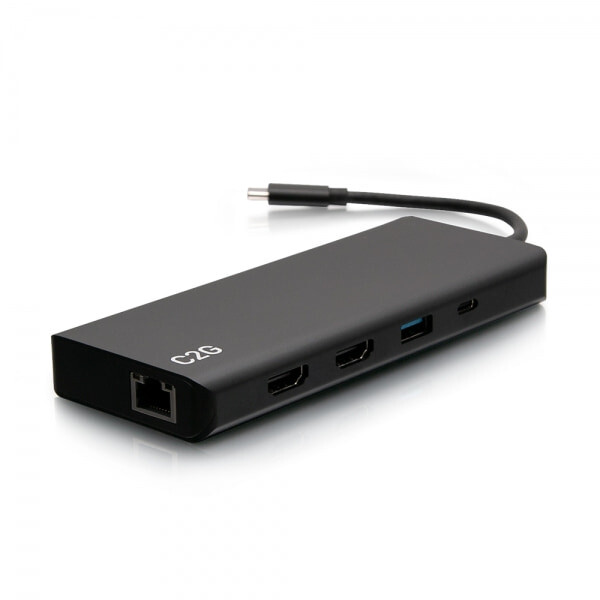 C2G USB-C® 9-in-1-Dual-Display-Dockingstation mit HDMI®, Ethernet, USB, 3,5-mm-Audio und Power Delivery bis zu 60 W - 4K 30 Hz (TAA-konform), Kabelgebunden, USB 3.2 Gen 1 (3.1 Gen 1) Type-C, 60 W, 10,100,1000 Mbit/s, Schwarz, 5 Gbit/s