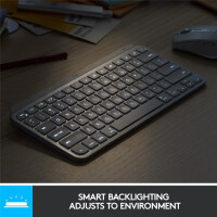 Logitech MX Keys Mini Minimalist Wireless Illuminated Keyboard, Mini, Kabellos, RF Wireless + Bluetooth, QWERTY, LED, Grau