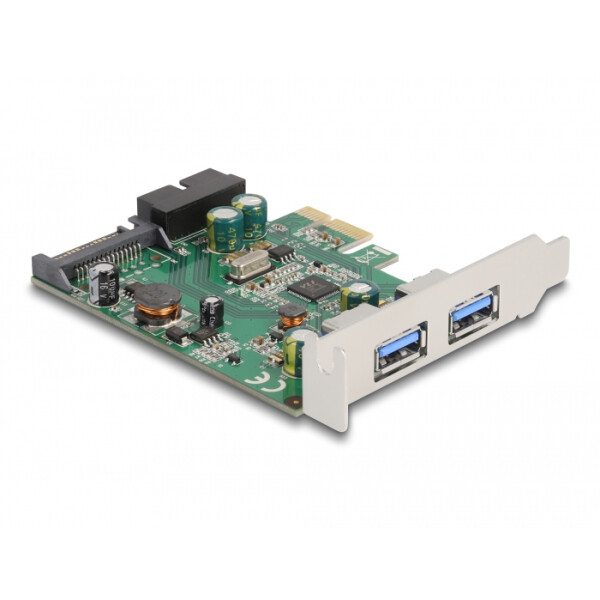 Delock PCI Express x1 Karte zu 2 x extern USB 3.2 Gen 1 Typ-A + 1 x intern 19 Pin USB Pfostenstecker - Low Profile Formfaktor, PCIe, USB 3.2 Gen 1 (3.1 Gen 1), Niedriges Profil, PCIe 2.0, SATA 15-Pin, Silber