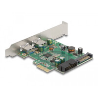 Delock PCI Express x1 Karte zu 2 x extern USB 3.2 Gen 1 Typ-A + 1 x intern 19 Pin USB Pfostenstecker - Low Profile Formfaktor, PCIe, USB 3.2 Gen 1 (3.1 Gen 1), Niedriges Profil, PCIe 2.0, SATA 15-Pin, Silber