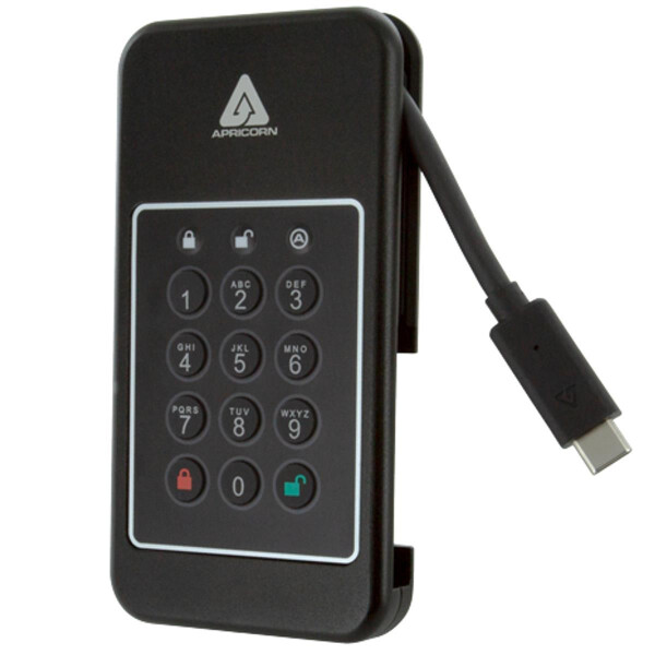 Apricorn Aegis NVX, 1 TB, USB Typ-C, 3.2 Gen 1 (3.1 Gen 1), 1000 MB/s, Passwortschutz, Schwarz