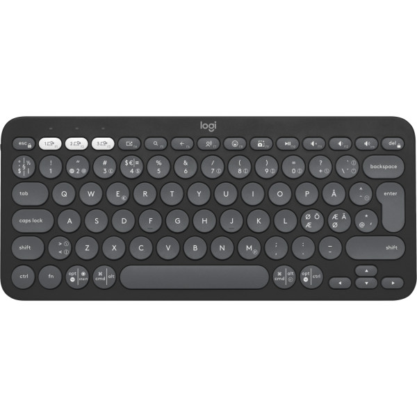Logitech Pebble Keys 2 K380s, Mini, Kabellos, RF Wireless + Bluetooth, Scherenschalter, QWERTY, Graphit