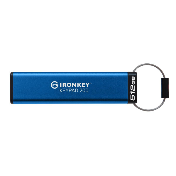 Kingston IronKey 512GB Keypad 200, FIPS 140-3 Lvl 3 (ausstehend) AES-256 Verschlüsselung, 512 GB, USB Typ-A, 3.2 Gen 1 (3.1 Gen 1), 280 MB/s, Schutzhülle, Blau