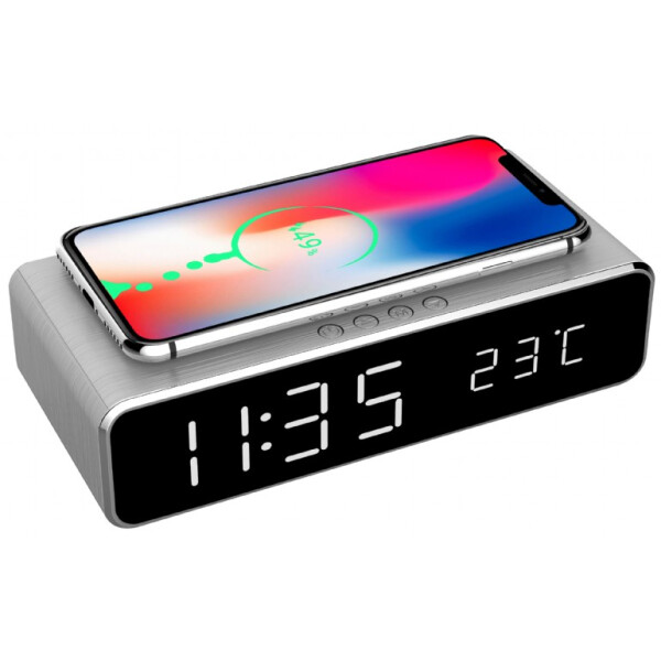 Gembird DAC-WPC-01-S, Digitaler Wecker, Rechteck, Silber, iPhone X/XS/XR, iPhone 8, Galaxy S8/S7/S6, LCD