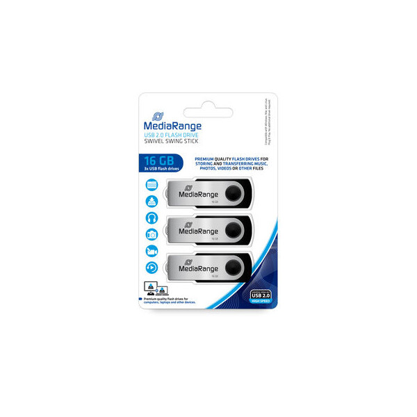 MEDIARANGE MR910-3, 16 GB, USB Typ-A, 2.0, 17 MB/s, Drehring, Schwarz, Silber