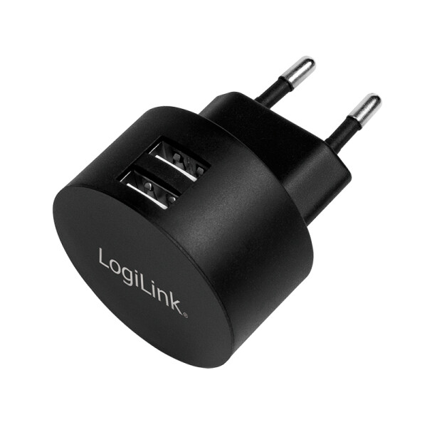 LogiLink USB Steckdosenadapter, 2x USB-Port für Fast Charging, 10,5W, Drinnen, AC, 5 V, Schwarz