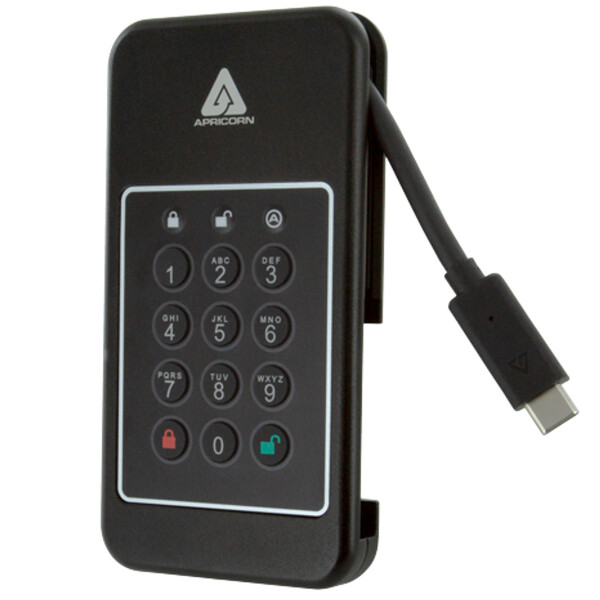 Apricorn Aegis NVX, 2 TB, USB Typ-C, 3.2 Gen 1 (3.1 Gen 1), 1000 MB/s, Passwortschutz, Schwarz