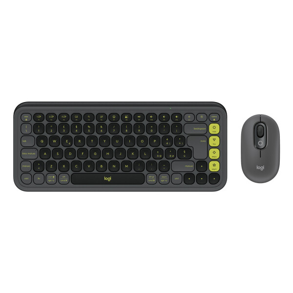 Logitech POP Icon Combo, Kabellos, Bluetooth, Scherenschalter, QWERTY, Graphit, Grün, Maus enthalten