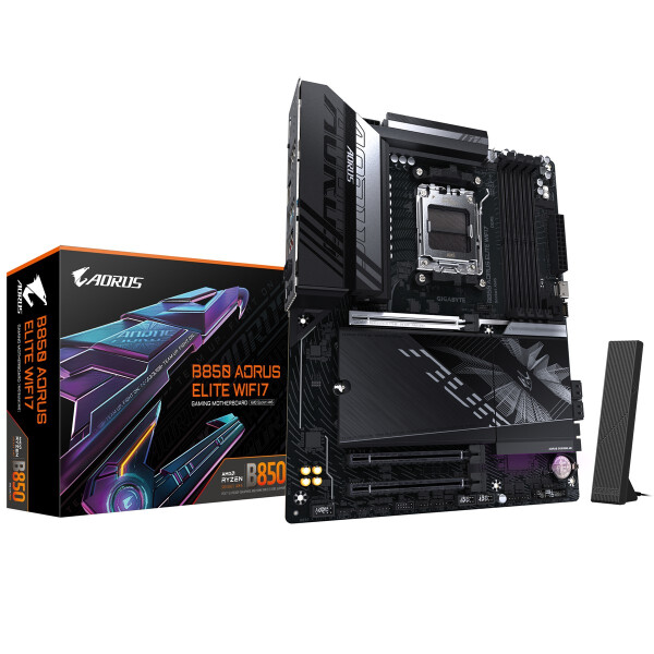 Gigabyte B850 AORUS ELITE WIFI7 Motherboard - AMD Ryzen 9000 Serie CPUs, 14+2+2 Phasen digitales VRM, bis zu 8200MHz DDR5 (OC), 1xPCIe 5.0 + 2xPCIe 4.0 M.2, 2,5 LAN, WIFI 7, USB 3.2 Gen 2x2, AMD, Sockel AM5, AMD Ryzen 7000 Series, AMD Ryzen 8000 Series, A