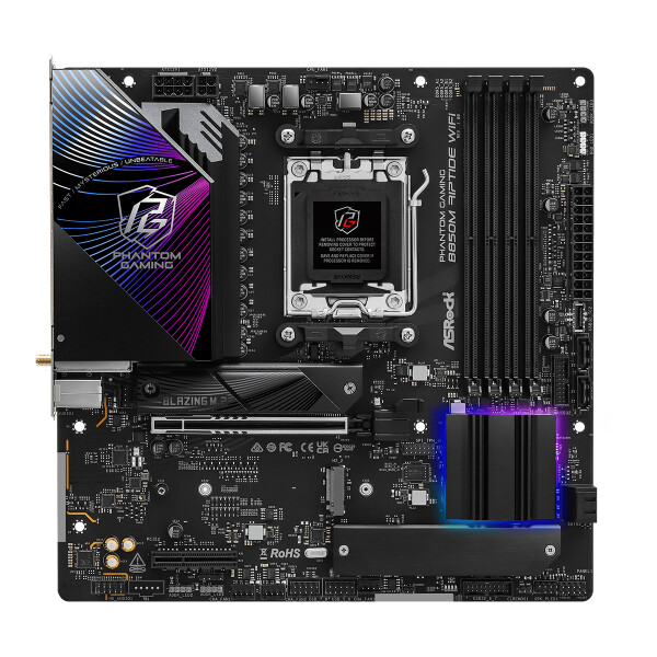 ASRock Phantom Gaming B850M Riptide WiFi, AMD, Sockel AM5, AMD Ryzen 7000 Series, AMD Ryzen 8000 Series, AMD Ryzen 9000 Series, Sockel AM5, DDR5-SDRAM, 256 GB