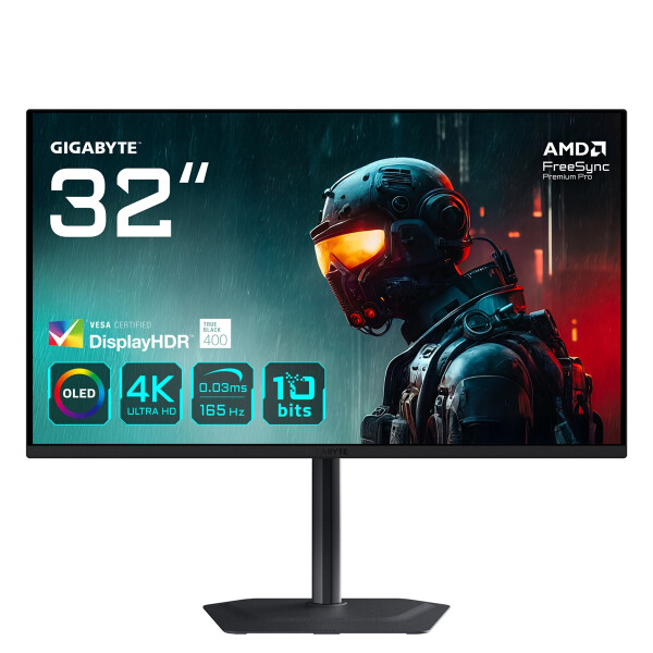 Gigabyte MO32U 31,5" OLED 4K UHD Gaming Monitor - 3840 x 2160, 165Hz, 0.03ms, 250 cd/m², Display HDR True Black 400, HDMI 2.1, DisplayPort 1.4, 80 cm (31.5"), 3840 x 2160 Pixel, 4K Ultra HD, OLED, 0,03 ms, Schwarz