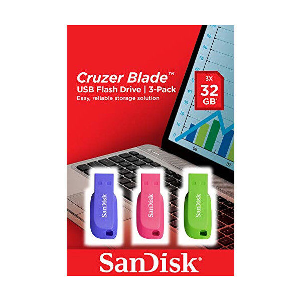 SanDisk Cruzer Blade 3x 32GB, 32 GB, USB Typ-A, 2.0, Ohne Deckel, 2,5 g, Blau, Grün, Pink