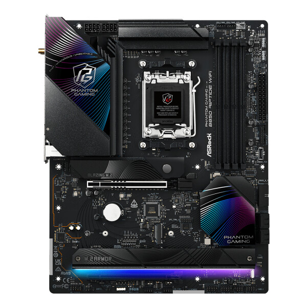 ASRock Phantom Gaming B850 Riptide WiFi, AMD, Sockel AM5, AMD Ryzen 7000 Series, AMD Ryzen 8000 Series, AMD Ryzen 9000 Series, Sockel AM5, DDR5-SDRAM, 256 GB