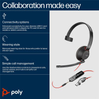 HP POLY Blackwire 5210 Monaural USB-C-Headset +3,5-mm-Stecker +USB-C/A-Adapter (Packungseinheit), Kabelgebunden, Büro/Callcenter, Kopfhörer, Schwarz