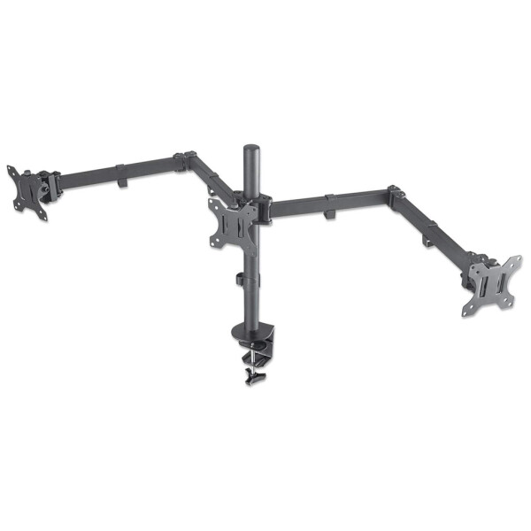 Manhattan Tischhalterung mit Monitorarm für drei Displays, Geeignet für drei Displays von 13" bis 27", einer zentral montiert, zwei auf den Monitorarmen, zweifach schwenkbar, Klemme, 21 kg, 33 cm (13"), 68,6 cm (27"), 100 x 100 mm, Schwarz