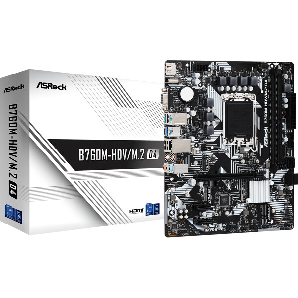 ASRock B760M-HDV/M.2 D4, Intel, LGA 1700, Intel® Core™ i3, Intel® Core™ i5, Intel® Core™ i7, Intel® Core™ i9, DDR4-SDRAM, 64 GB, DIMM