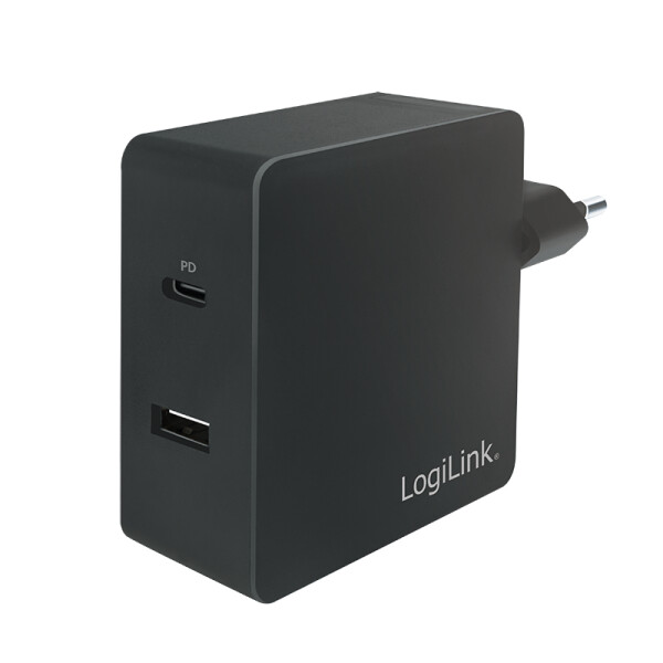 LogiLink USB Steckdosenadapter, 1x USB-C Port & 1x USB-A Port, 65W, Drinnen, AC, 20 V, Schwarz