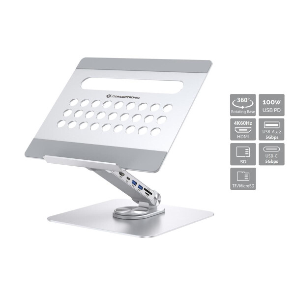 Conceptronic DONN27G Laptop-Ständer mit 7-in-1-Dockingstation, 360° drehbare Basis, faltbar, höhenverstellbar, Laptop-Ständer, Silber, Aluminium, 360°, USB 3.2 Gen 1 (3.1 Gen 1) Type-C, 5000 Mbit/s