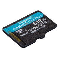 Kingston 512GB microSDXC Canvas Go Plus Gen4 200 MB/s A2 U3 V30-Karte + Adapter, 512 GB, MicroSD, Klasse 10, UHS-I, 200 MB/s, 160 MB/s
