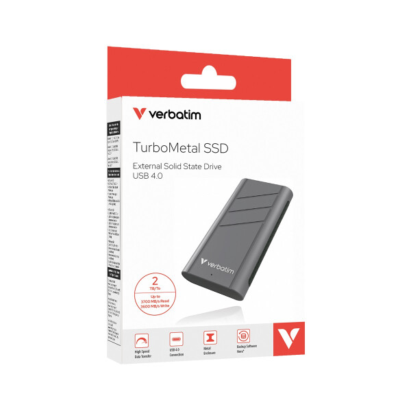 Verbatim TurboMetal SSD USB4 2TB, 2 TB, USB Typ-C, USB4 Gen 2x2, 3700 MB/s, 40 Gbit/s, Silber