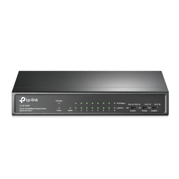 TP-LINK TL-SF1009P, Unmanaged, Fast Ethernet (10/100), Vollduplex, Power over Ethernet (PoE), Wandmontage