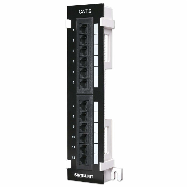 Intellinet 12-Port Cat6 Patchpanel zur Wandmontage, UTP, IEEE 802.3, IEEE 802.3ab, IEEE 802.3u, Schnelles Ethernet, Gigabit Ethernet, RJ-45, Gold, U/UTP (UTP), Schwarz