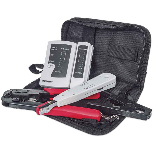 Intellinet 4-teiliges Werkzeugset für Netzwerke, 4-teiliges Netzwerk-Kit bestehend aus LAN-Tester, LSA-Auflegewerkzeug, Crimpzange und Abisolierwerkzeug, Schwarz, 144 g
