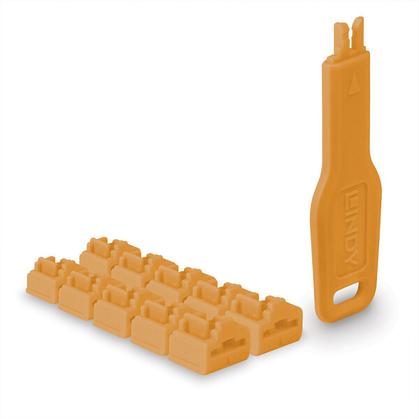 Lindy 47897, Schnittstellenblockierung + Schlüssel, RJ-45, Orange, Acrylnitril-Butadien-Styrol (ABS), 10 Stück(e), Polybag