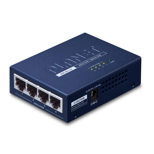 Planet PoE 802.3at Injektor 4-Port RJ-45 Hub, 10/100/1000 Mbps, Gewicht: 220g, Power over Ethernet (PoE), Wandmontage