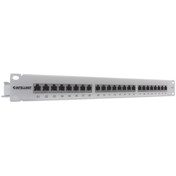 Intellinet 24-Port Cat6 Patchpanel, geschirmt, FTP, 1 HE, Klemmleisten mit 90 Grad abgewinkelten Kabeleinführungen, IEEE 802.3, IEEE 802.3ab, IEEE 802.3u, Schnelles Ethernet, Gigabit Ethernet, RJ-45, Gold, Cat6, F/UTP (FTP)