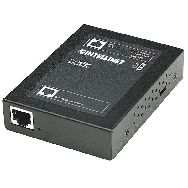 Intellinet PoE+ Splitter, IEEE802.3at mit 5 / 7,5 / 9 / 12 V DC Ausgangsspannung, IEEE 802.3, IEEE 802.3af, IEEE 802.3at, IEEE 802.3u, 10Base-T, 100Base-TX, Cat5, Schwarz, Metall, FCC Class A, CE
