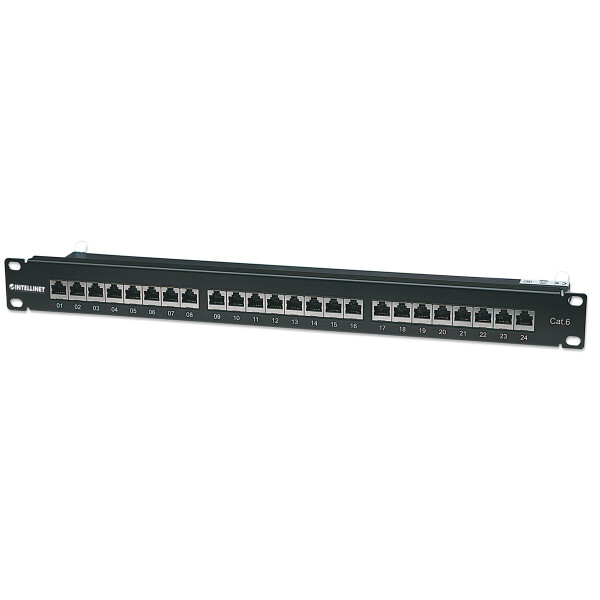 Intellinet 24-Port Cat6 Patchpanel, geschirmt, 24 Ports, FTP, 1 HE, Klemmleisten mit 90 Grad abgewinkelten Kabeleinführungen, schwarz, IEEE 802.3, IEEE 802.3ab, IEEE 802.3u, Schnelles Ethernet, Gigabit Ethernet, RJ-45, F/UTP (FTP), Schwarz, Rackeinbau