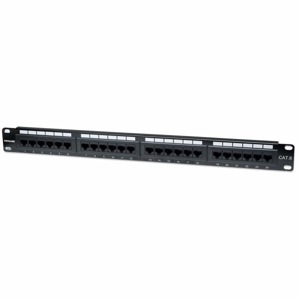 Intellinet 24-Port Cat6 Patchpanel, UTP, 1 HE, IEEE 802.3, IEEE 802.3ab, IEEE 802.3u, Schnelles Ethernet, Gigabit Ethernet, RJ-45, U/UTP (UTP), Schwarz, Rackeinbau