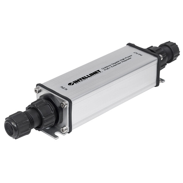 Intellinet Outdoor Gigabit High-Power PoE+ Extender, IEEE 802.3at/af Power over Ethernet (PoE+/PoE), verlängert die Reichweite einer PoE-Verbindung um zusätzliche 100 Meter, Metall, IP65, 10,100,1000 Mbit/s, 10/100/1000Base-T(X), IEEE 802.3, IEEE 802.3ab,