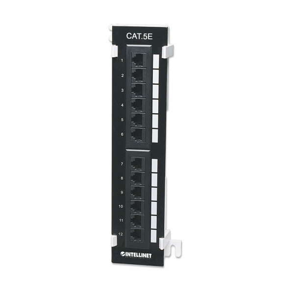 Intellinet 12-Port Cat5e Patchpanel zur Wandmontage, UTP, IEEE 802.3, IEEE 802.3ab, IEEE 802.3u, 10/100/1000BASE-T(X), Gigabit Ethernet, Cat5e, Cat6a, Schwarz, Rackeinbau