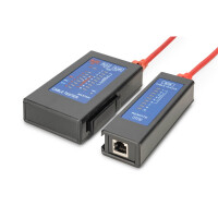 DIGITUS Kabeltester, Netzwerk, RJ45, Einseitiger Tester, PoE-Tester, RJ-45, Kontinuitätsprüfung, Querverbindungsprüfung, PoE testing, Abschirmungsprüfung, Kurzschlussprüfung, Schwarz, 120 mm, 190 mm