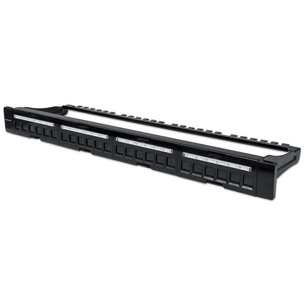 Intellinet 24-Port Patchpanel, unbestückt, 19", 1 HE, schwarz, Schwarz, Metall, Rackeinbau, 1U, RoHS, -40 - 80 °C