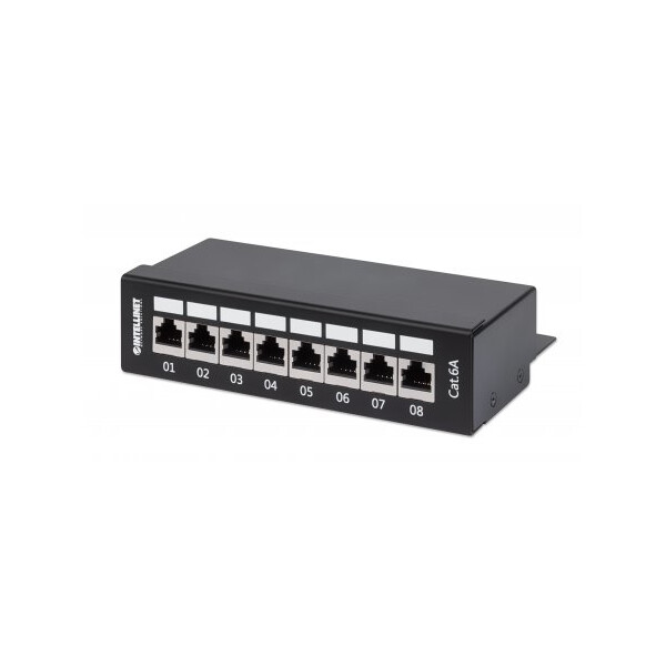 Intellinet 8-Port Cat6a Patchpanel, geschirmt, Desktop, FTP, Klemmleisten mit 90 Grad abgewinkelten Kabeleinführungen, schwarz, IEEE 802.3, IEEE 802.3ab, IEEE 802.3u, 10/100/1000Base-T(X), Gigabit Ethernet, 1000 Mbit/s, Gold, Cat6a