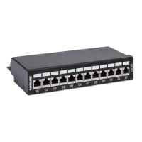 Intellinet 12-Port Cat6a Patchpanel, geschirmt, Desktop, FTP, Klemmleisten mit 90 Grad abgewinkelten Kabeleinführungen, schwarz, IEEE 802.3, IEEE 802.3ab, IEEE 802.3u, 10/100/1000Base-T(X), 1000 Mbit/s, Gold, Cat6a, 23/24/25/26