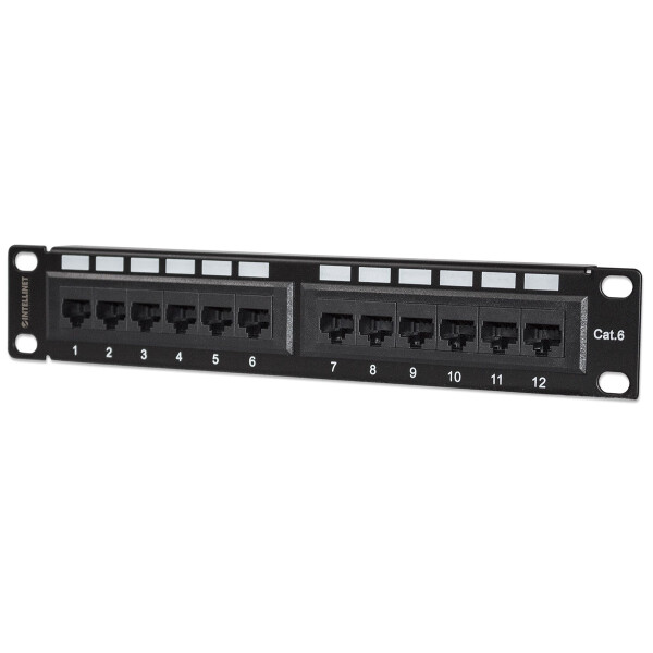 Intellinet 10" 12-Port Cat6 Patchpanel, UTP, 10", 1 HE, schwarz, RJ-45, U/UTP (UTP), Schwarz, Rackeinbau, 1U, 254 mm