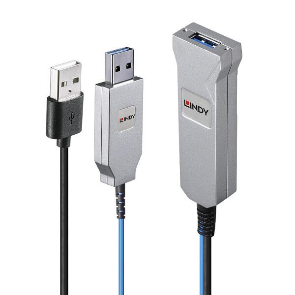 Lindy 43345, 30 m, USB A, 2 x USB A, USB 3.2 Gen 1 (3.1 Gen 1), 5 Gbit/s, Blau, Silber