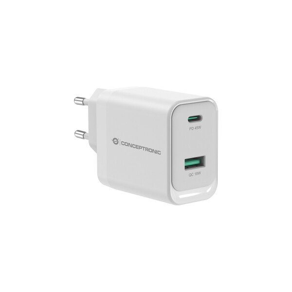 Conceptronic ALTHEA20W45 2-Port 45W GaN USB-PD-Ladegerät, USB-C x 1, USB-A x 1, QC 3.0, PPS, PD 3.0, Drinnen, AC, 20 V, Weiß