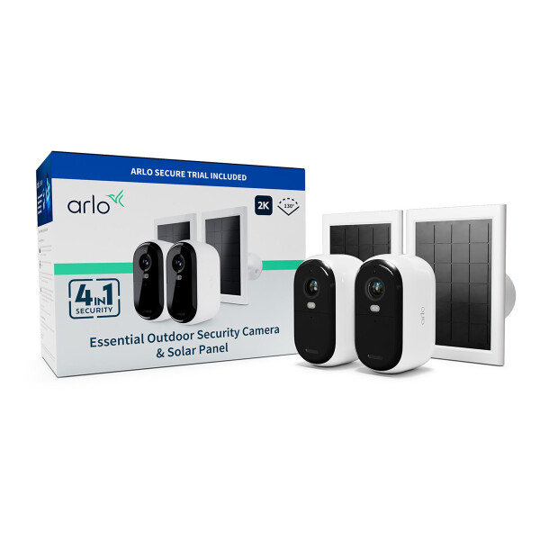 ARLO Essential 2K Outdoor Überwachungskamera & Solarpanel für den Außenbereich, 2er Set, IP-Sicherheitskamera, Innen & Außen, Kabellos, Decke/Wand, Weiß, Bullet (shape)
