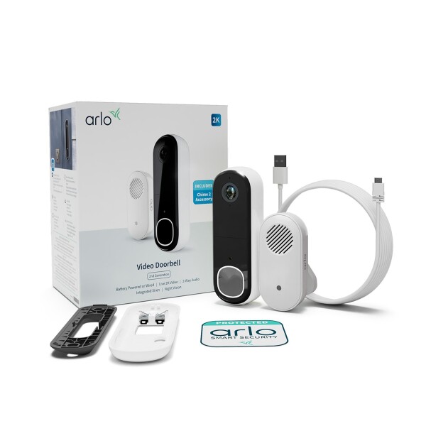 ARLO Essential 2K Video-Türklingel & Chime, Schwarz, Weiß, 180°, Verkabelt & Kabellos, Akku, 48,5 mm, 33,3 mm