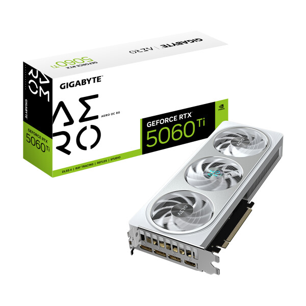 Gigabyte GeForce RTX 5060 Ti AERO OC 8G Grafikkarte – 8 GB GDDR7, 128 Bit, PCI-E 5.0, 2647 MHz Kernfrequenz, 3 x DisplayPort, 1 x HDMI, GV-N506TAERO OC-8GD, GeForce RTX 5060 Ti, 8 GB, GDDR7, 128 Bit, 7680 x 4320 Pixel, PCI Express x16 5.0